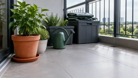 Balkon dengan pot tanaman dan kotak penyimpanan
