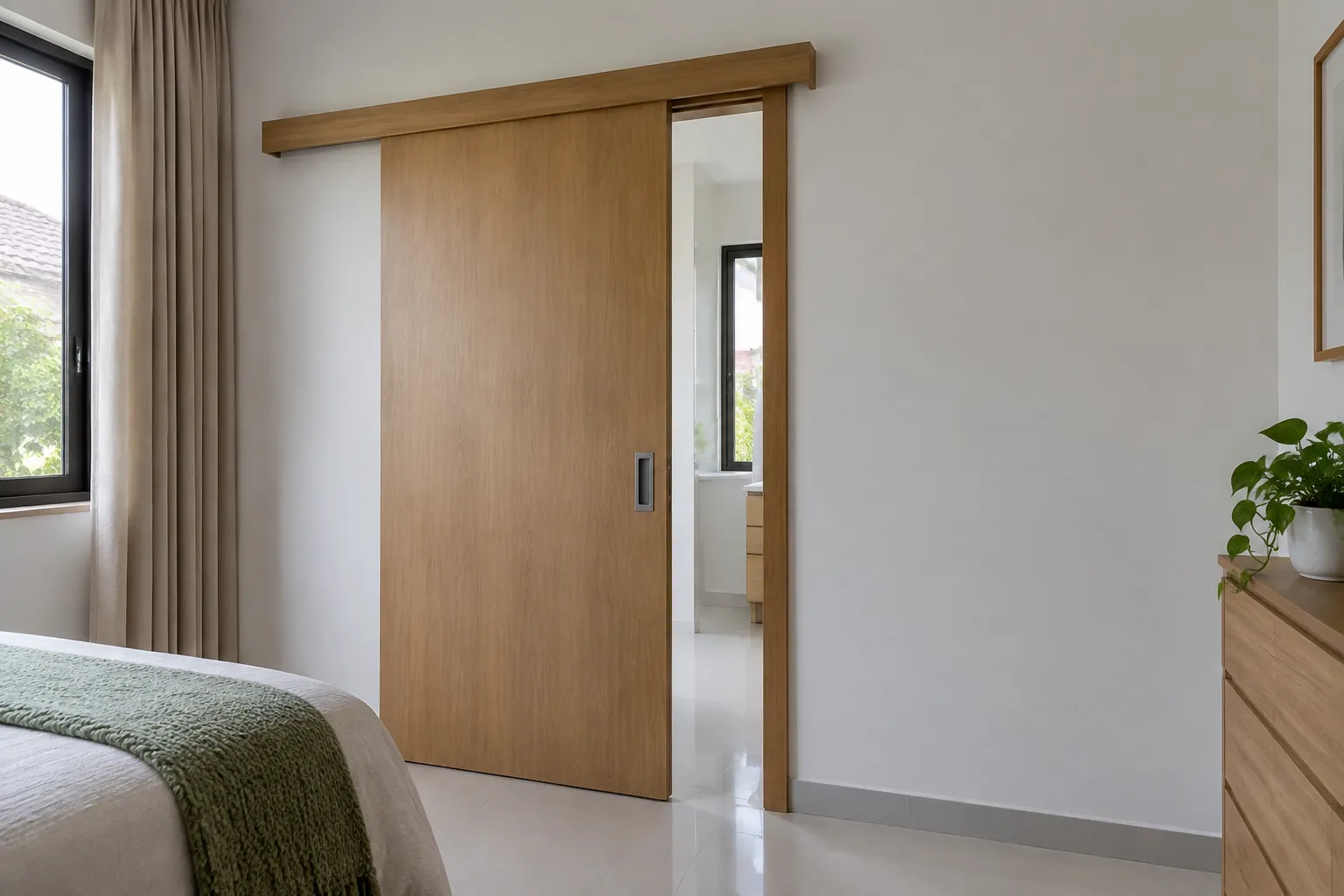 Pintu geser kayu setengah terbuka di kamar tidur