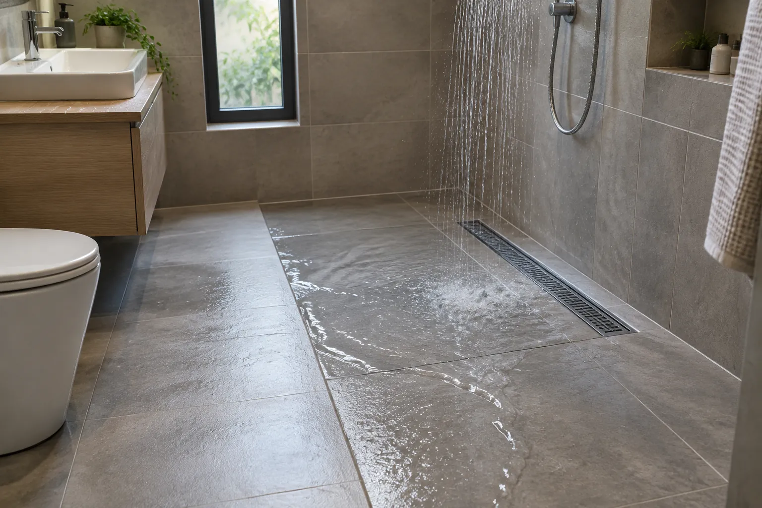 Area shower basah dengan saluran memanjang di lantai