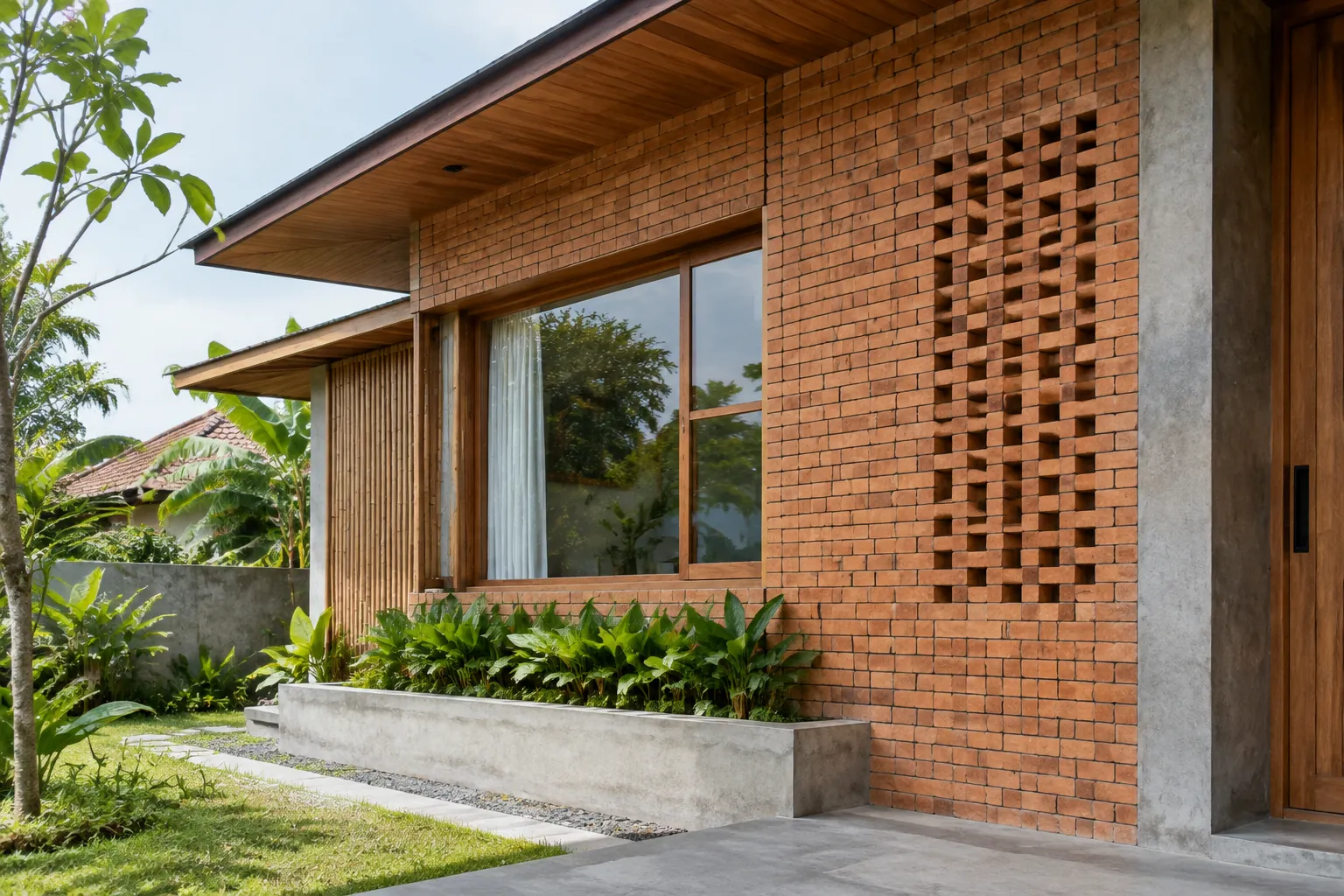 Fasad rumah dengan bata berlubang, kayu, dan bidang kaca