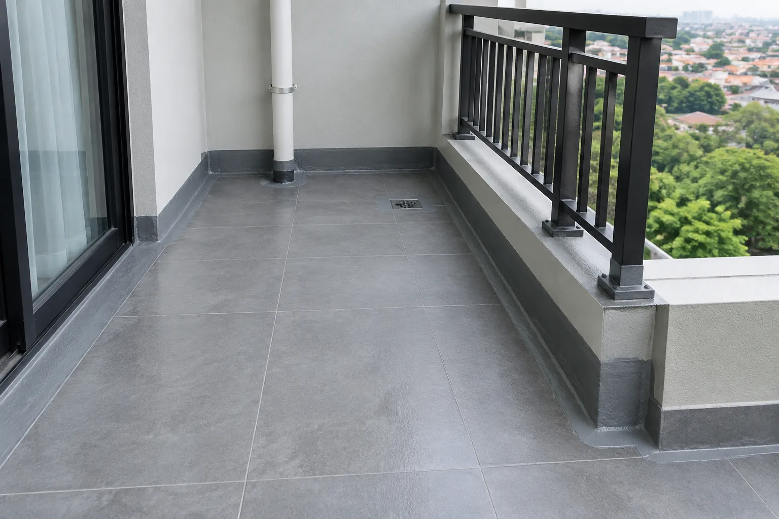 Sudut lantai balkon dan pipa tegak diberi lapisan pelindung berwarna gelap