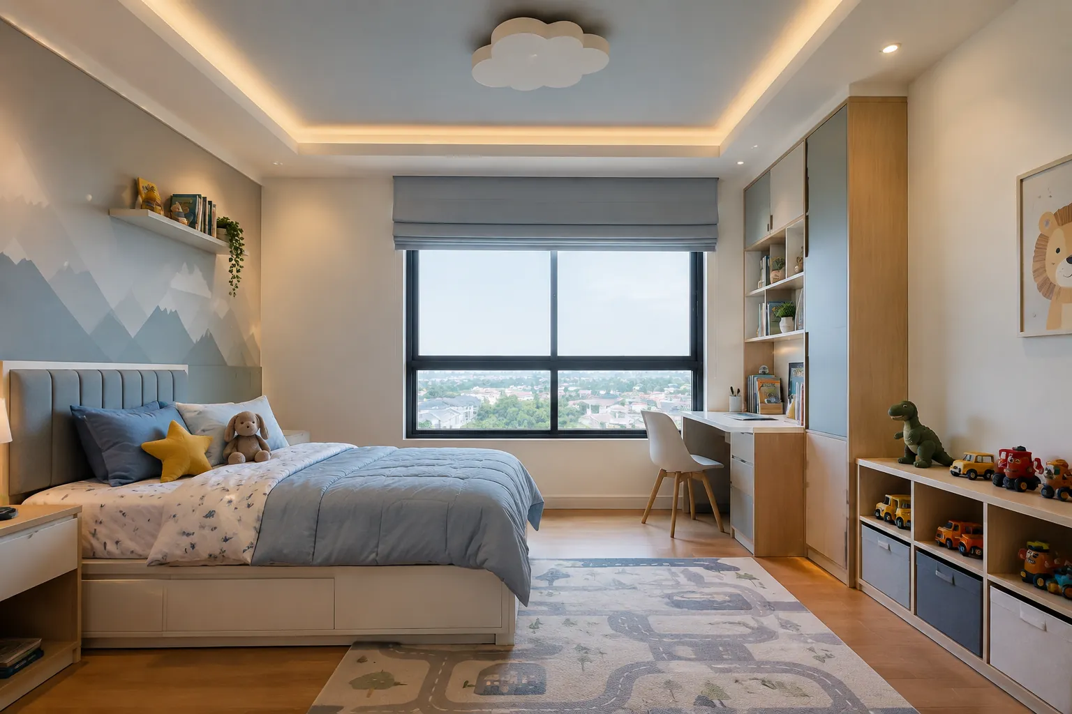 Plafon turun dengan lampu tersembunyi terpasang di kamar anak