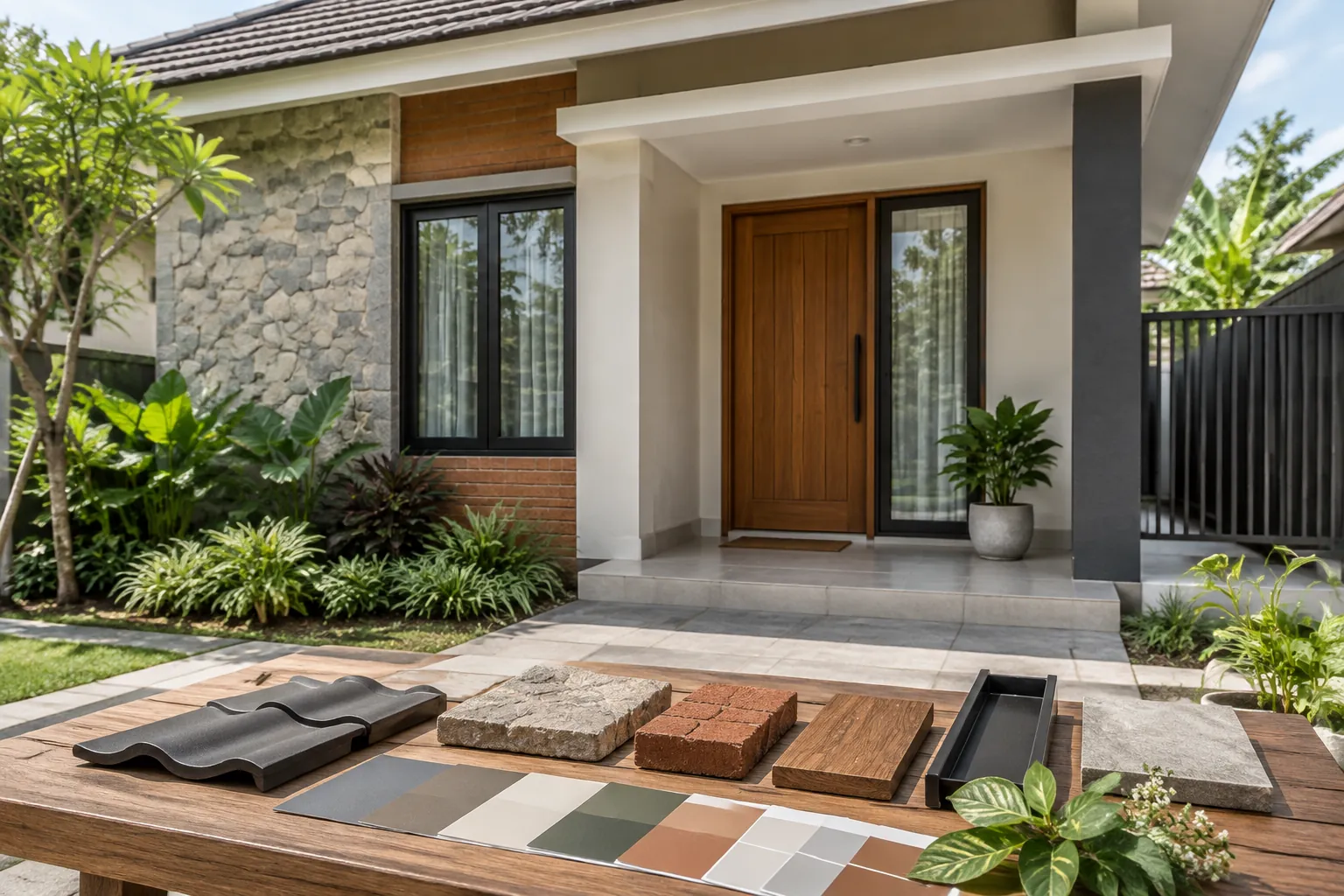 Contoh batu, kayu, dan warna di depan fasad rumah