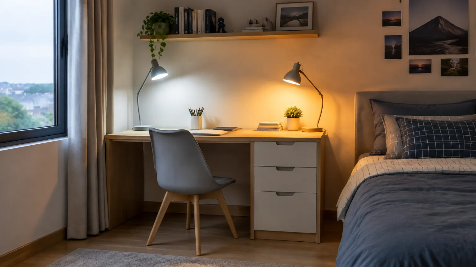 Lampu meja menerangi area belajar kamar remaja
