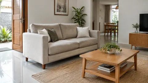 Sofa dua dudukan di ruang tamu dengan meja kayu