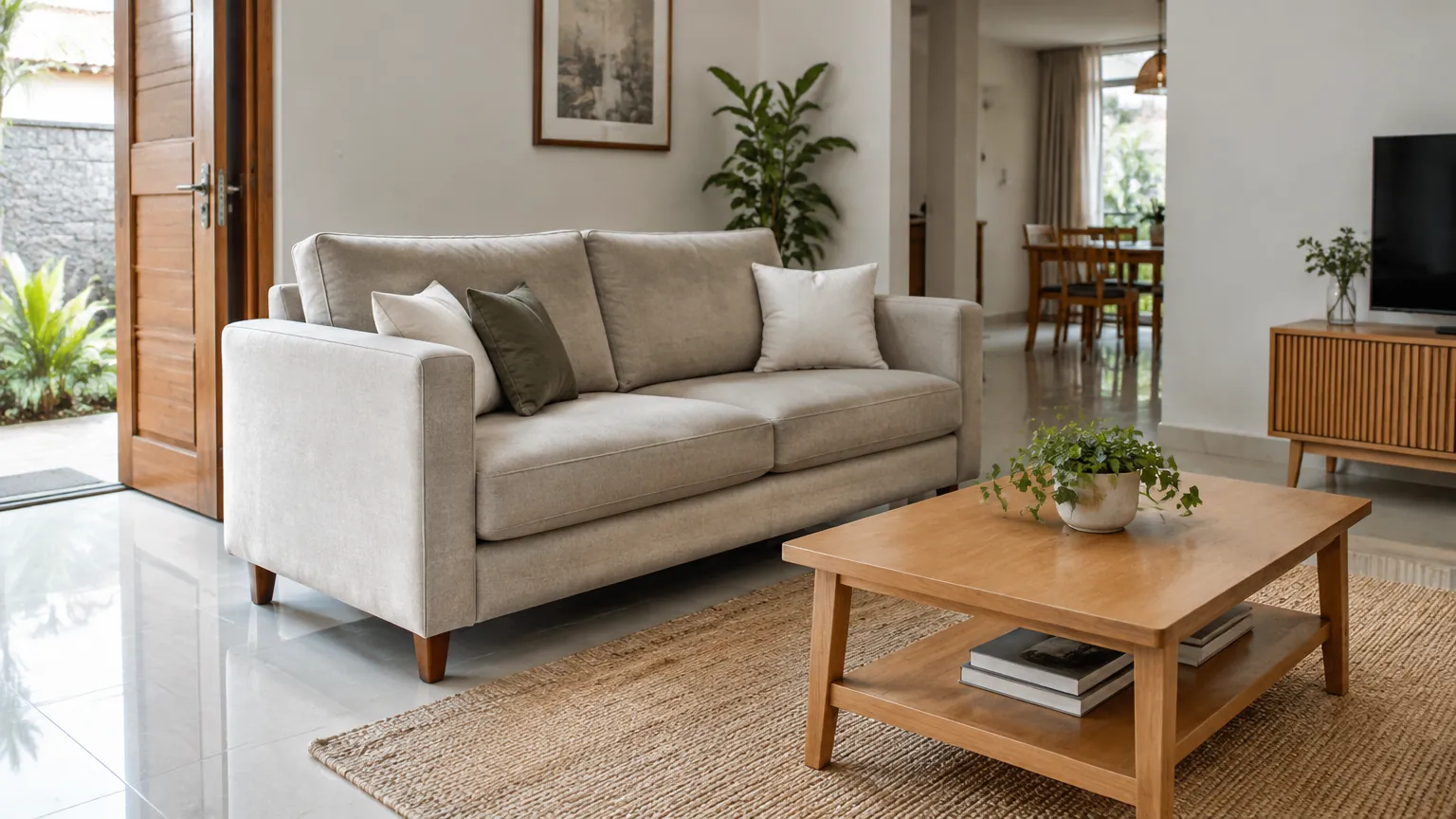 Sofa dua dudukan di ruang tamu dengan meja kayu