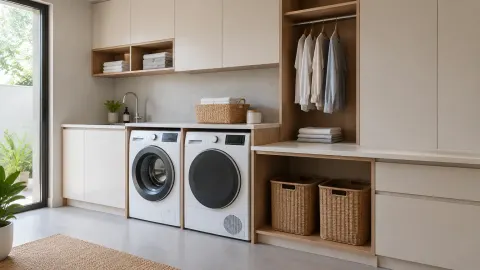 Ruang cuci dengan mesin, kabinet, gantungan, dan keranjang penyimpanan