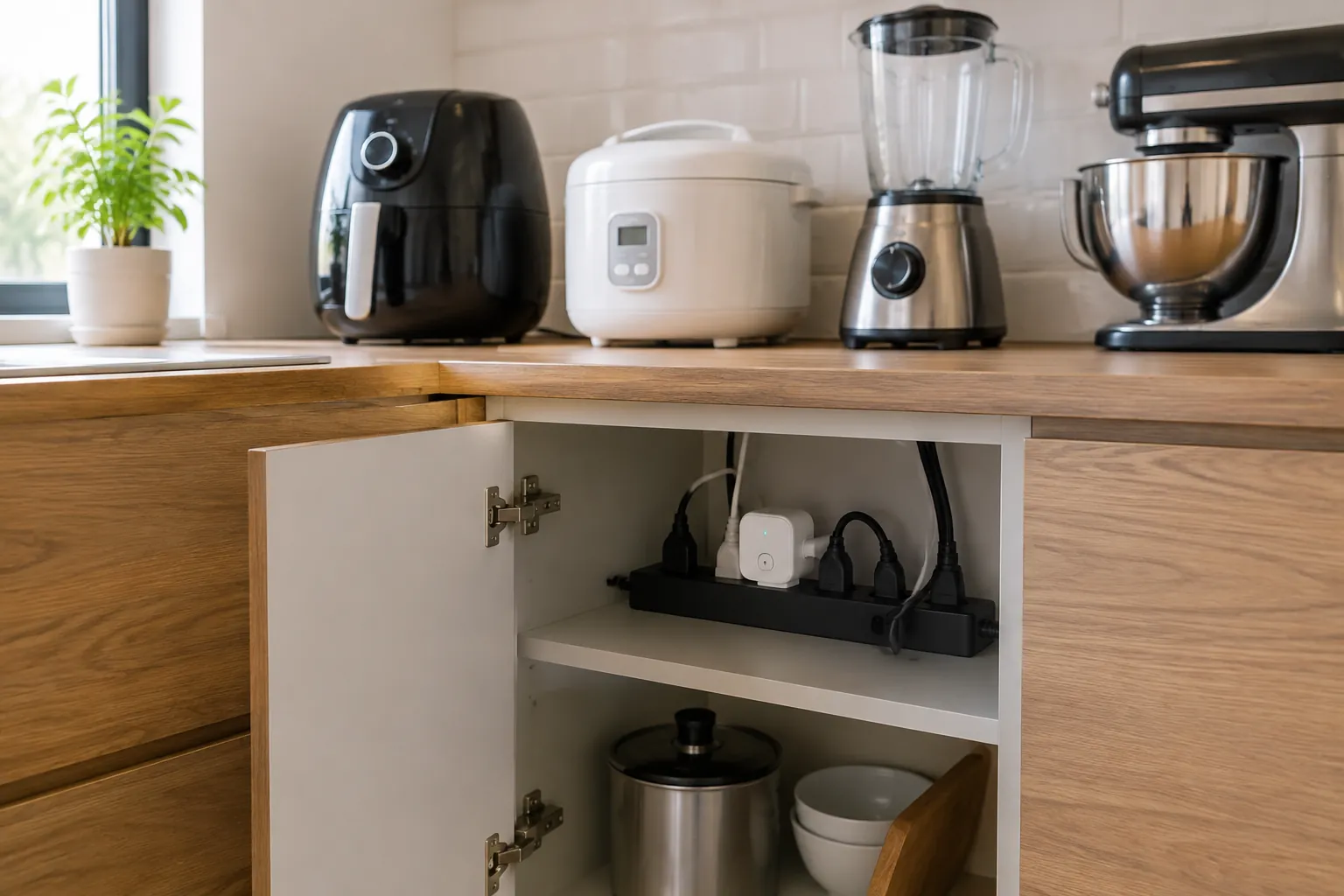 Beberapa kabel dan adaptor terkumpul di kabinet bawah peralatan dapur