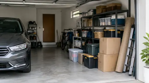 Garasi dengan kendaraan dan tumpukan kotak di satu sisi