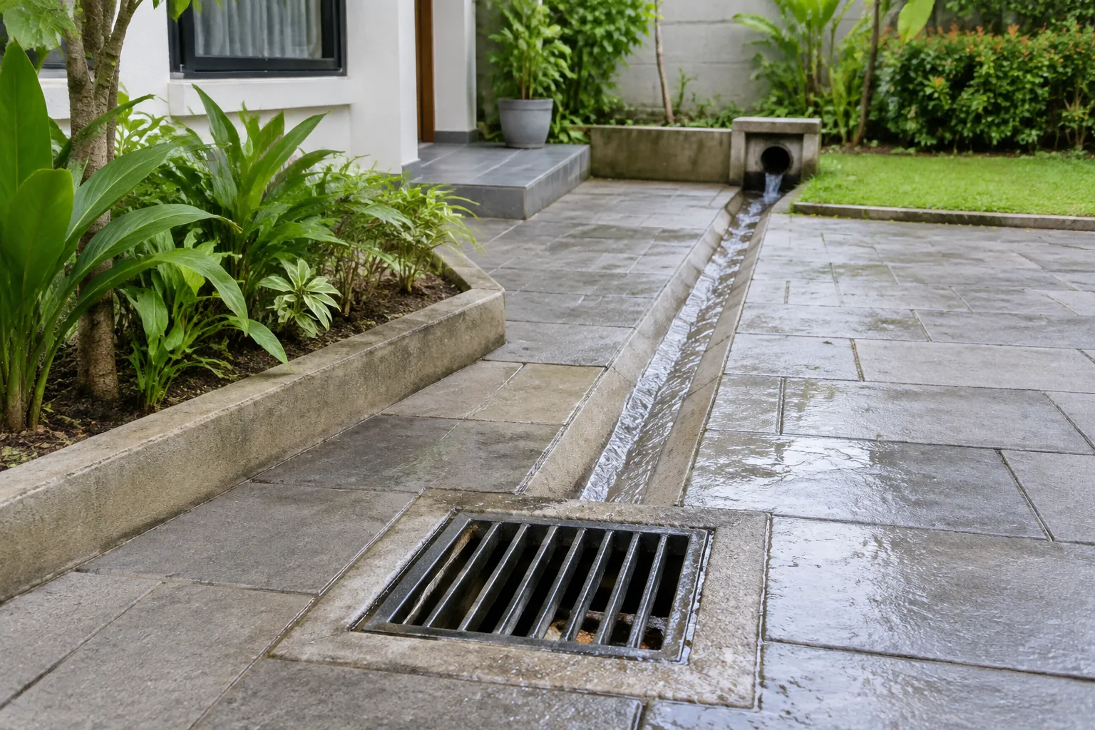 Saluran drainase memanjang di sisi jalur rumah