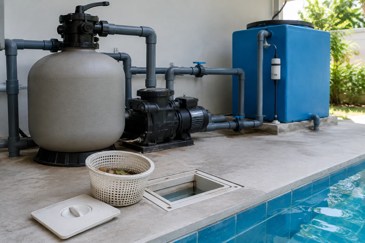 Keranjang skimmer dan unit filter di tepi kolam