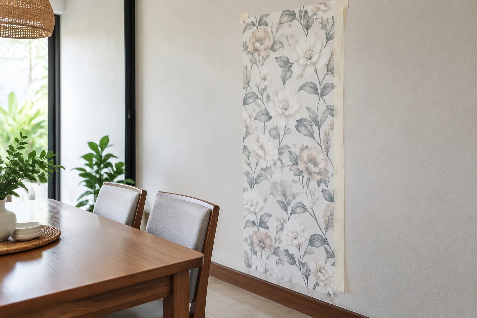 Bidang uji wallpaper bermotif bunga ditempel pada dinding ruang makan