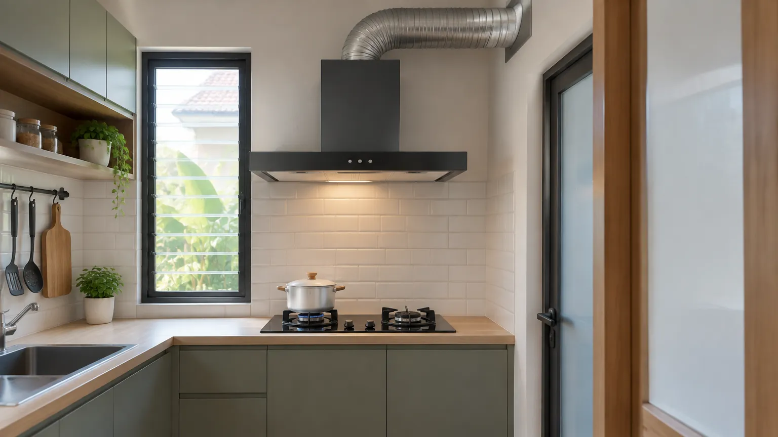 Dapur kecil dengan kompor dan pengisap asap di atasnya