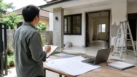 Seseorang meninjau fasad rumah bersama dokumen rencana