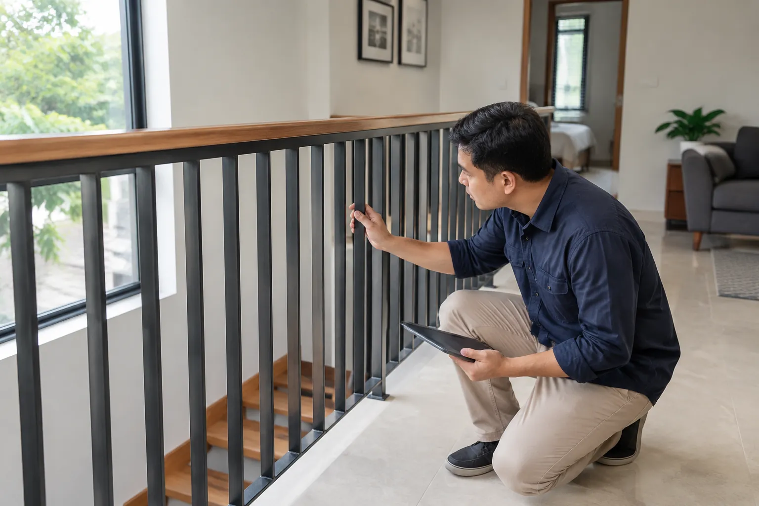Orang memeriksa railing tangga.