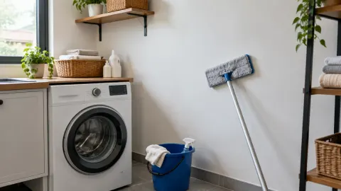 Ruang laundry dengan mesin cuci dan alat pembersih dinding