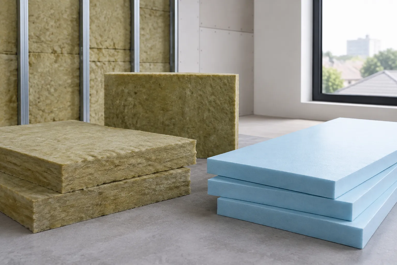 Lembaran insulasi mineral dan papan busa di dekat rangka dinding