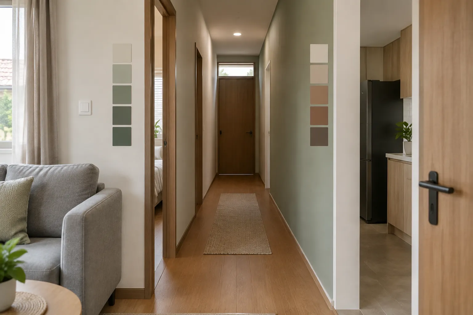 Lorong rumah dengan beberapa contoh warna cat di dinding