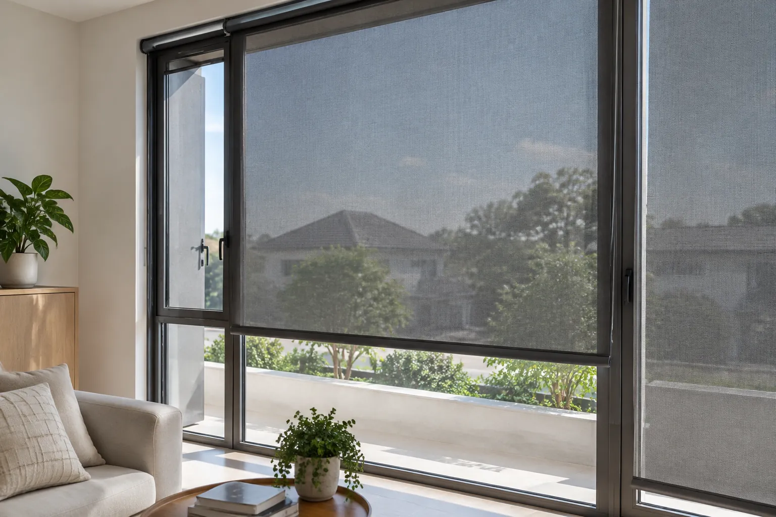 Solar screen menutup sebagian jendela yang menghadap luar