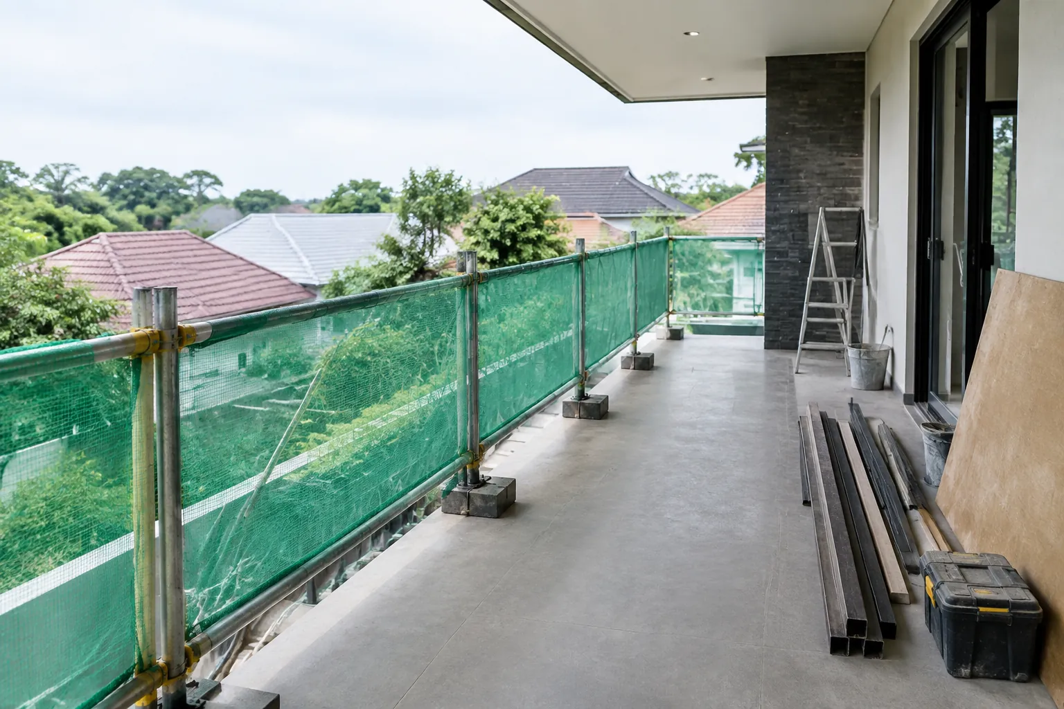 Pagar sementara membatasi area kerja pada balkon