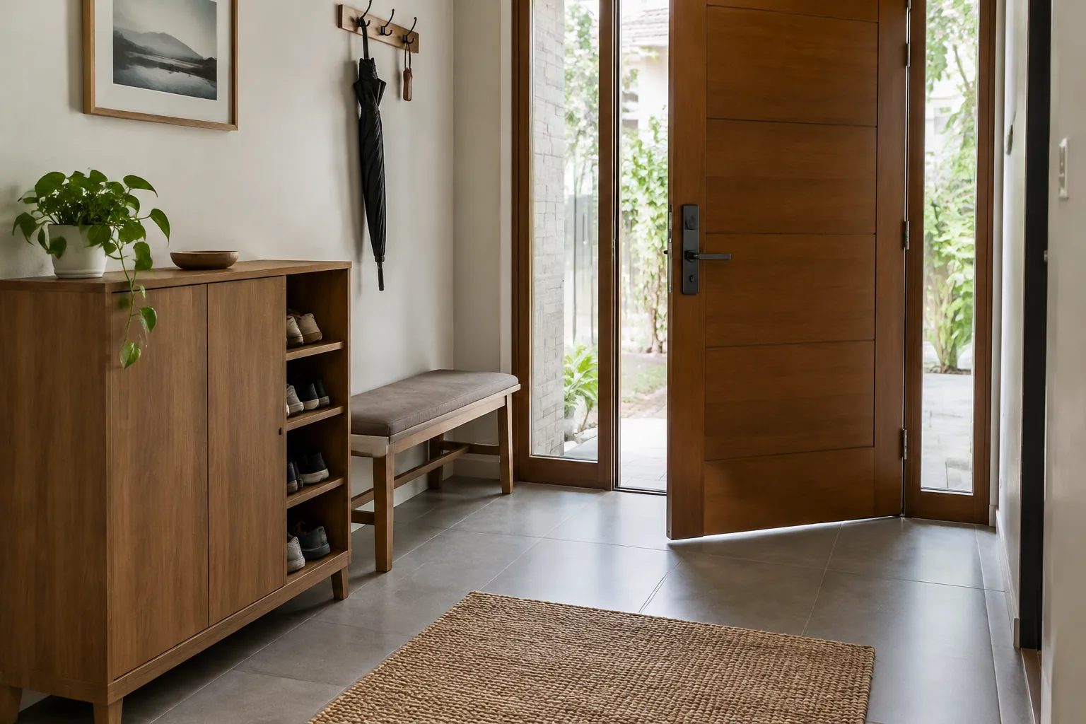 Foyer dengan bangku, lemari sepatu, dan pintu masuk