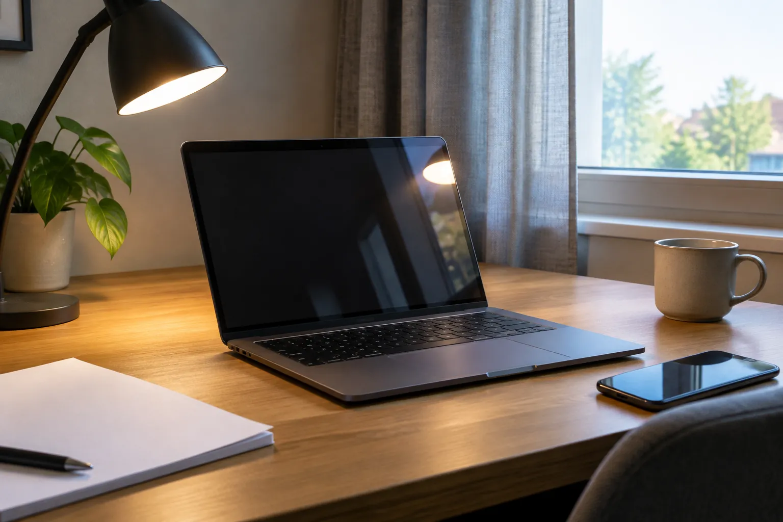 Lampu meja terpantul pada layar laptop