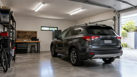 Mobil di garasi terang dengan beberapa lampu plafon