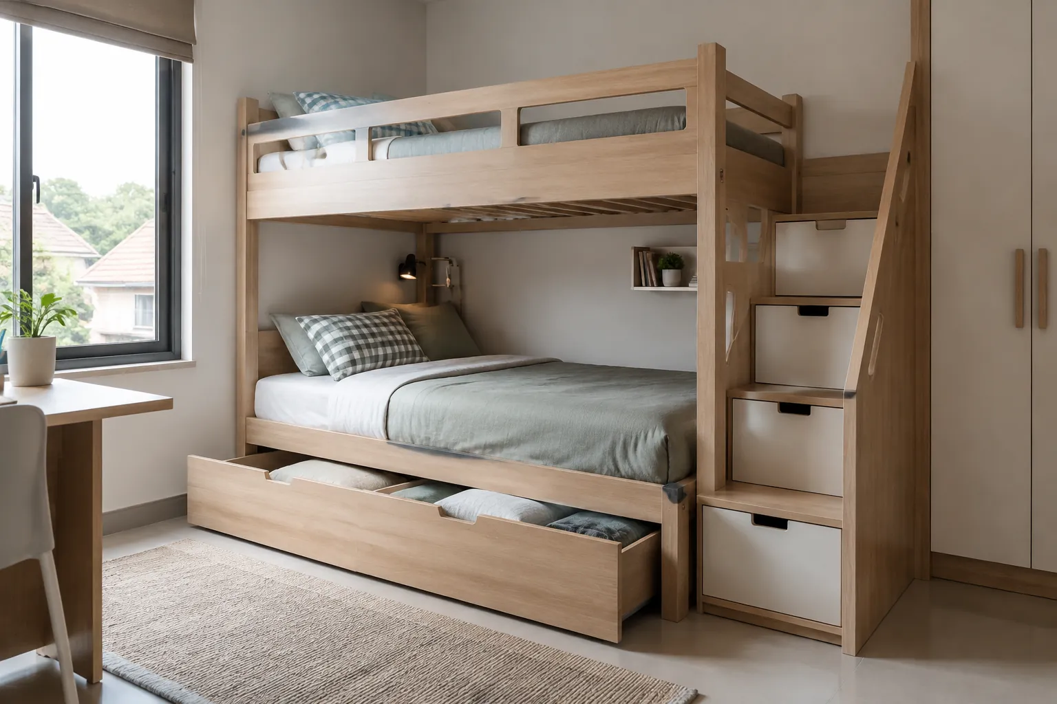 Tempat tidur bertingkat dengan laci penyimpanan di kamar anak
