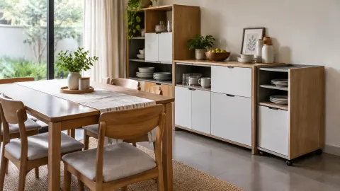 Kabinet penyimpanan modular di samping meja makan