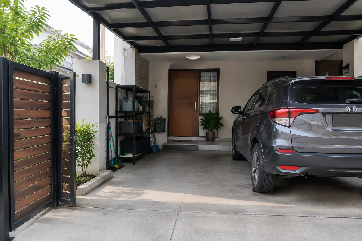 Mobil dan rak barang berbagi ruang di bawah atap carport
