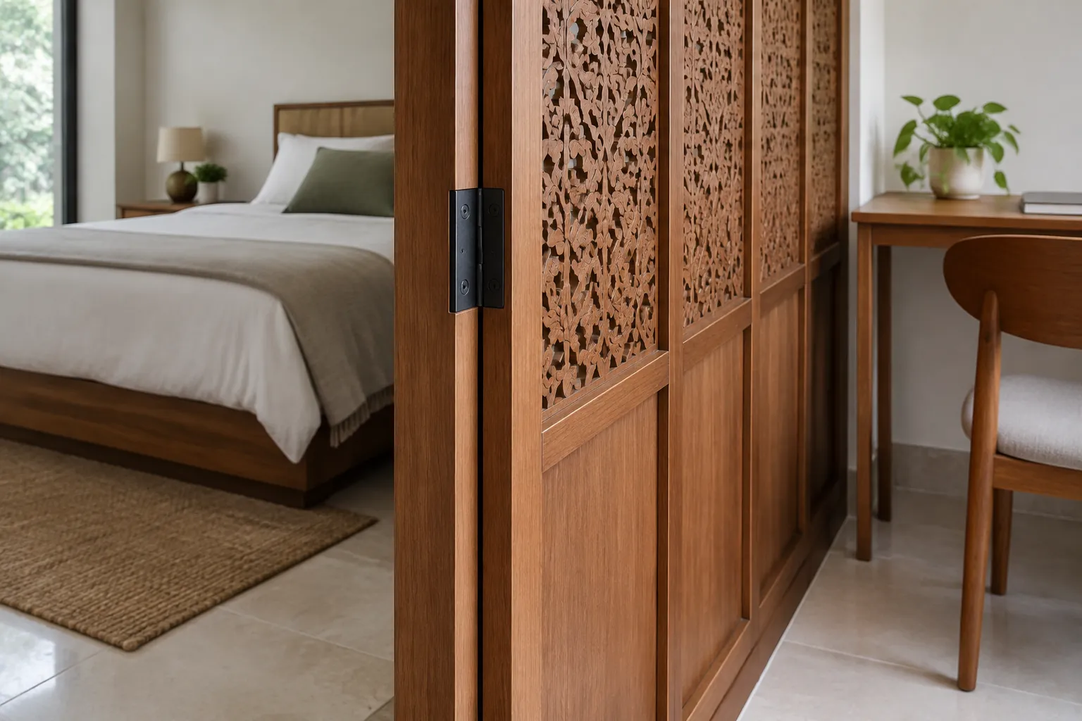 Detail ukiran pada partisi kayu dekat tempat tidur