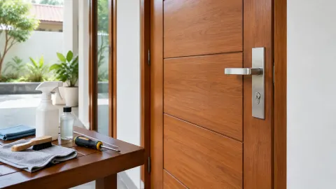 Pintu kayu dengan cairan dan kain pembersih di dekatnya