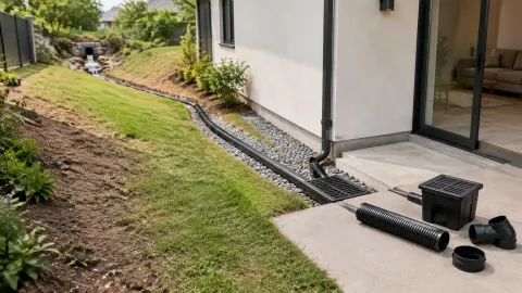 Jalur drainase di tepi rumah dan halaman
