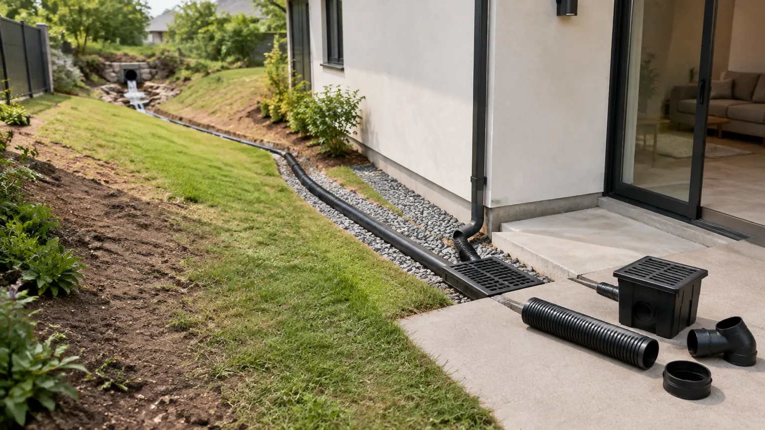 Jalur drainase di tepi rumah dan halaman
