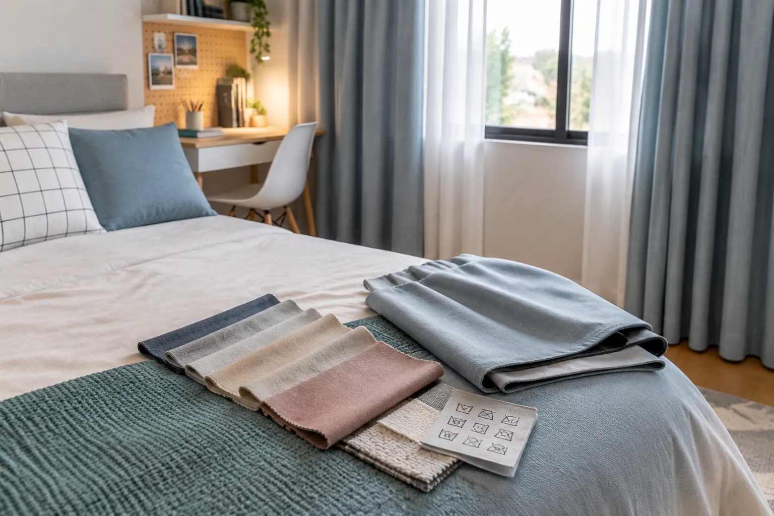 Contoh kain pelapis dan bahan tekstil diletakkan di atas tempat tidur