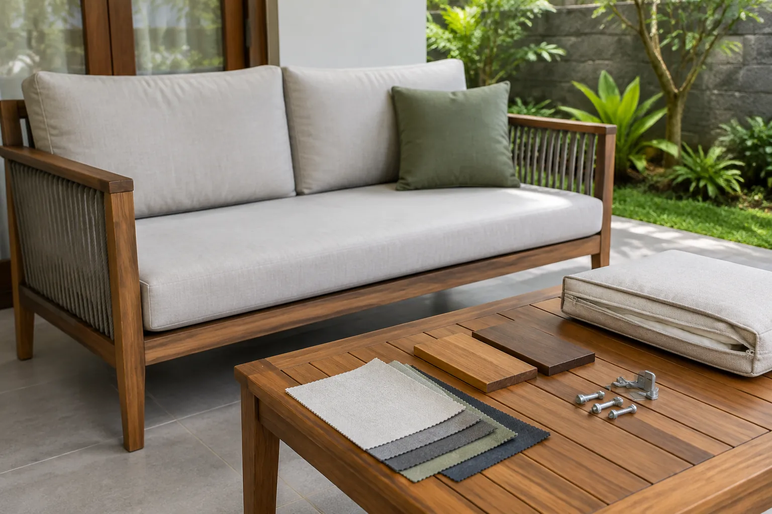 Sampel bahan di atas meja teras dekat sofa kayu