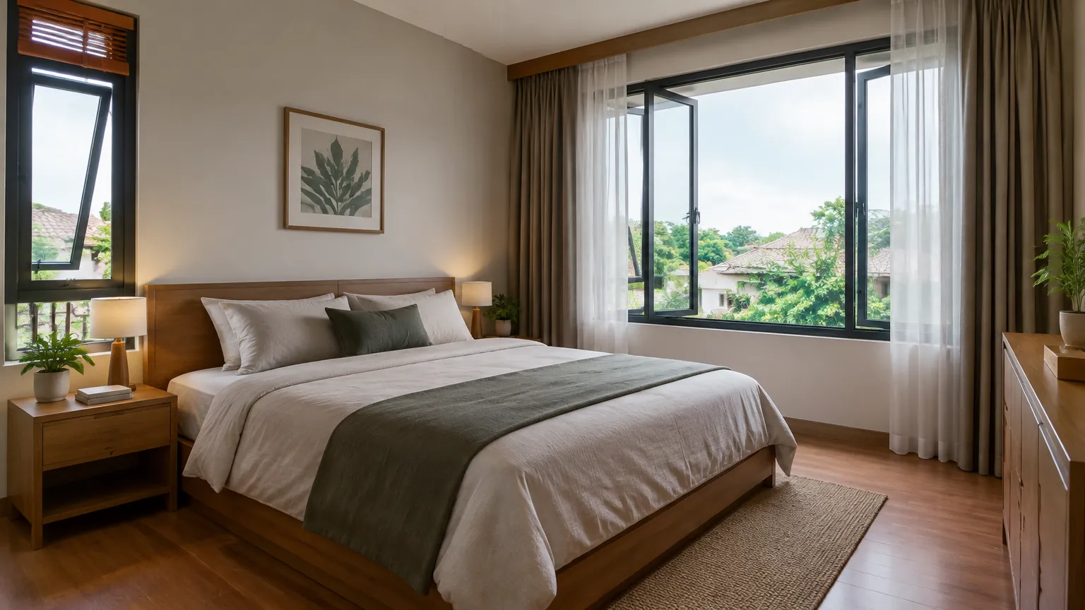 Kamar tidur dengan jendela terbuka dan tirai tipis