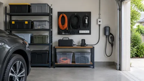 Rak garasi dengan peralatan elektronik dan kabel