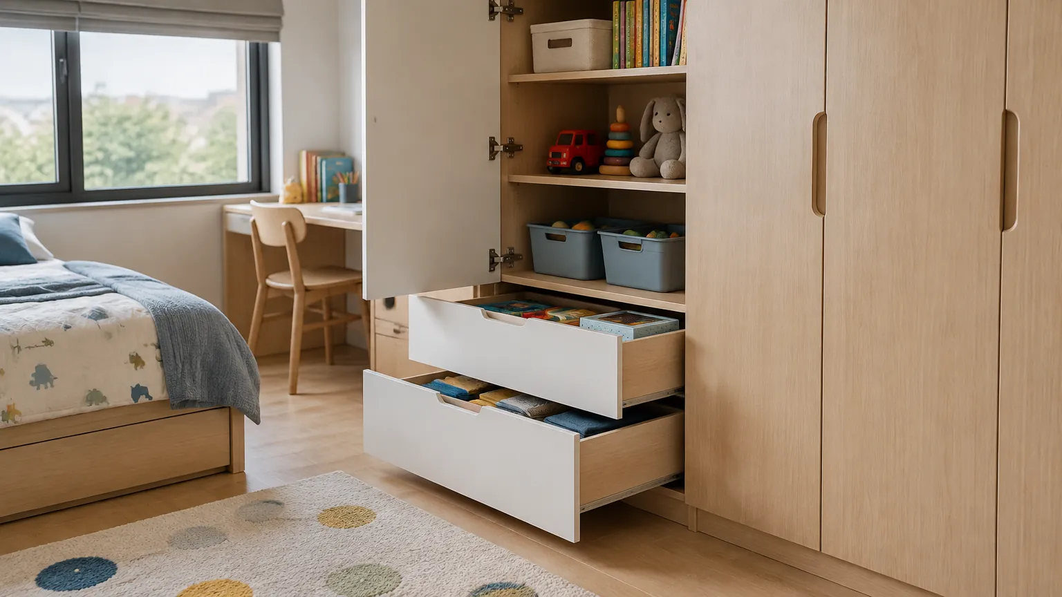 Laci lemari kamar anak berisi mainan dan barang kecil