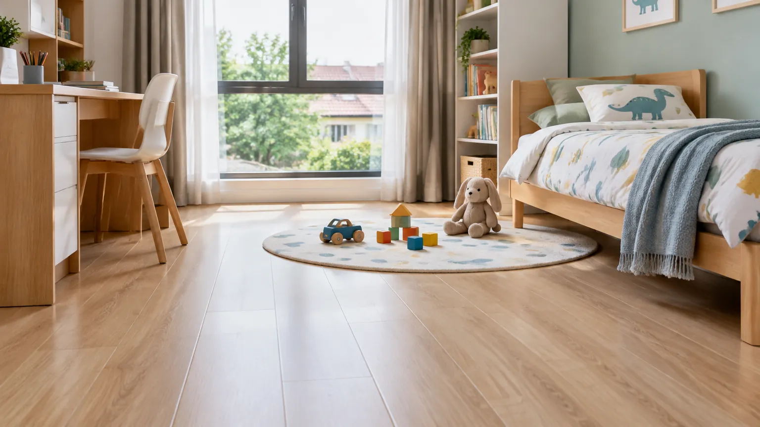 Lantai kayu kamar anak dengan area bermain di samping tempat tidur