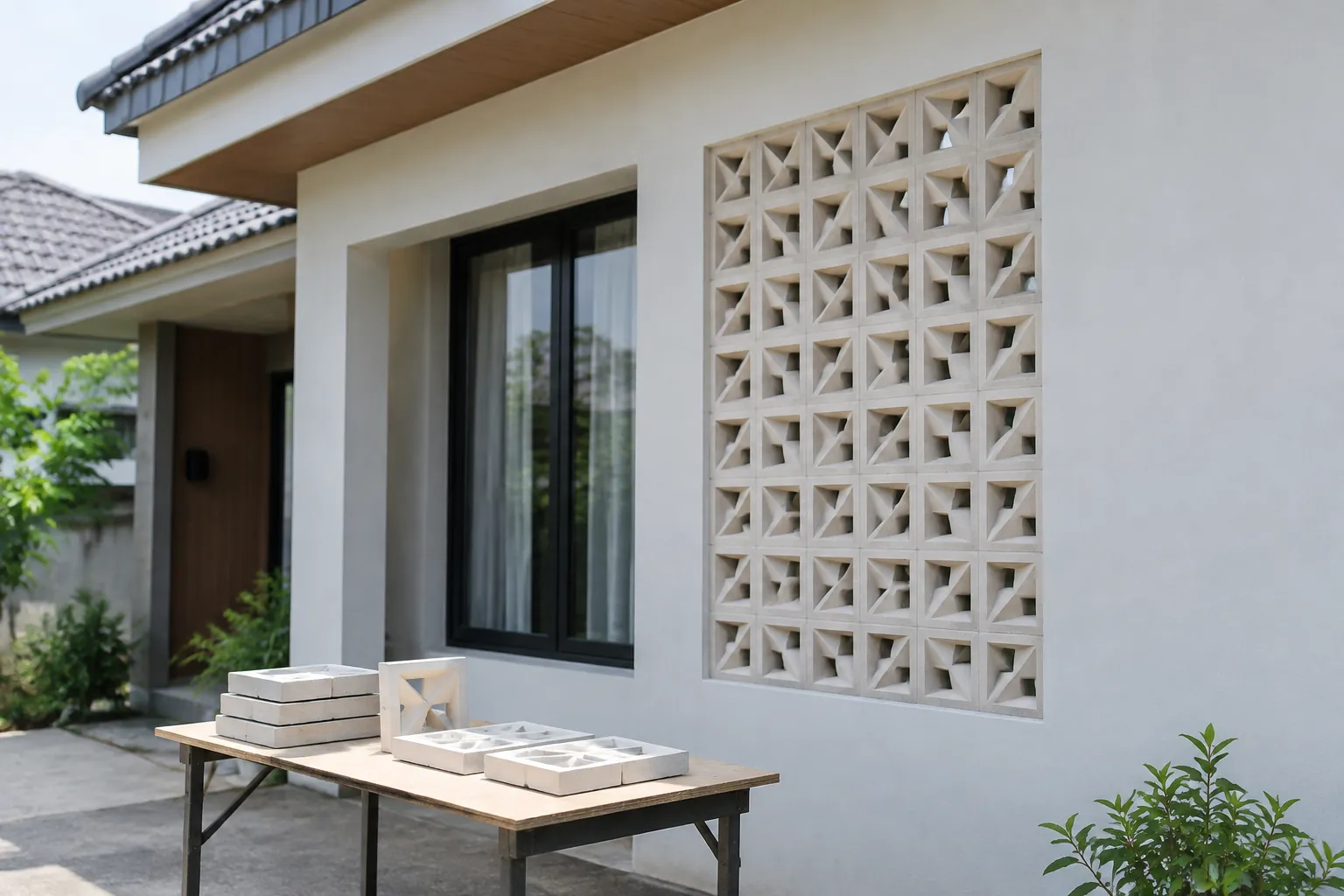 Dinding fasad memiliki susunan blok bermotif berongga