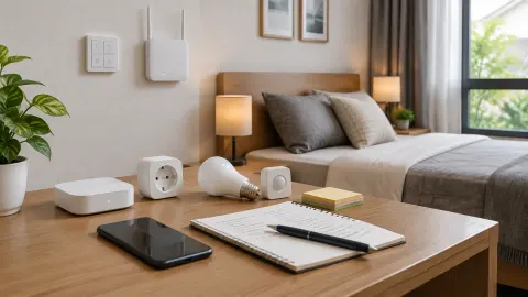 Beberapa perangkat rumah pintar dan catatan di meja kamar