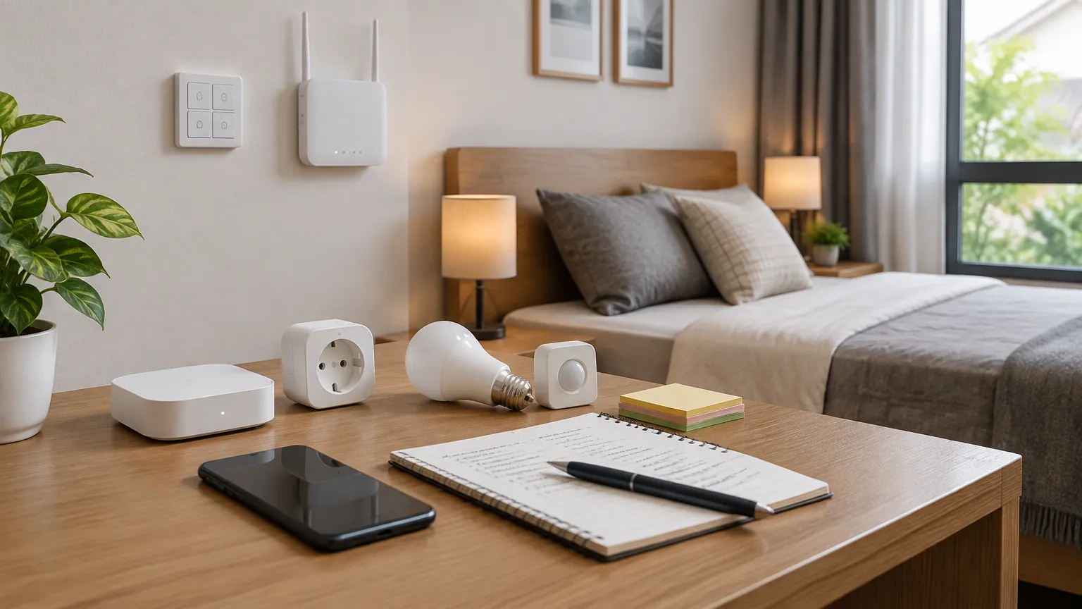 Beberapa perangkat rumah pintar dan catatan di meja kamar
