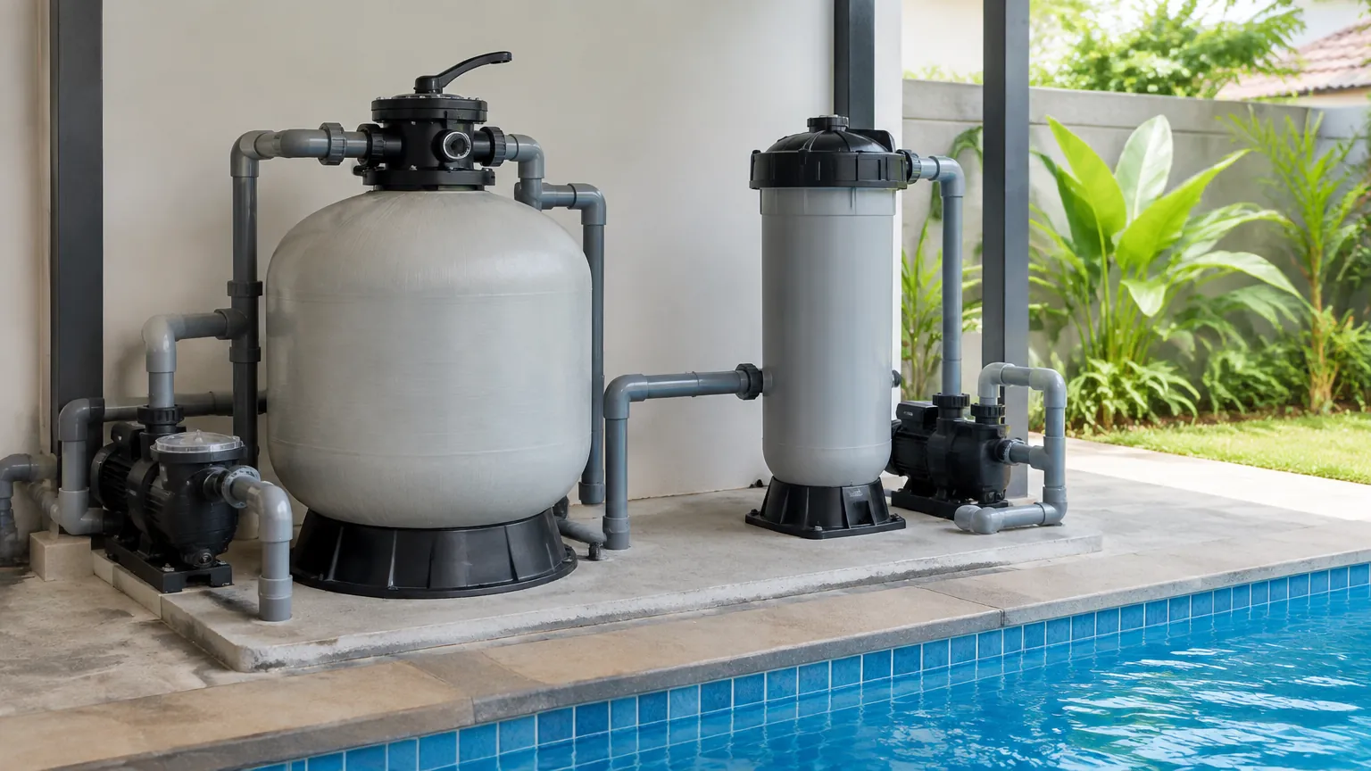 Peralatan filter di samping kolam renang