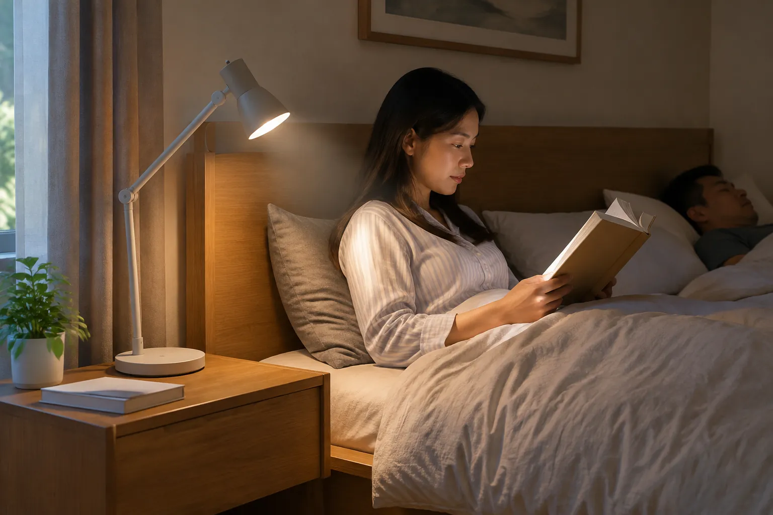 Seseorang membaca di tempat tidur dengan lampu baca