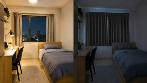 Dua tampilan kamar tidur pada cahaya terang dan malam