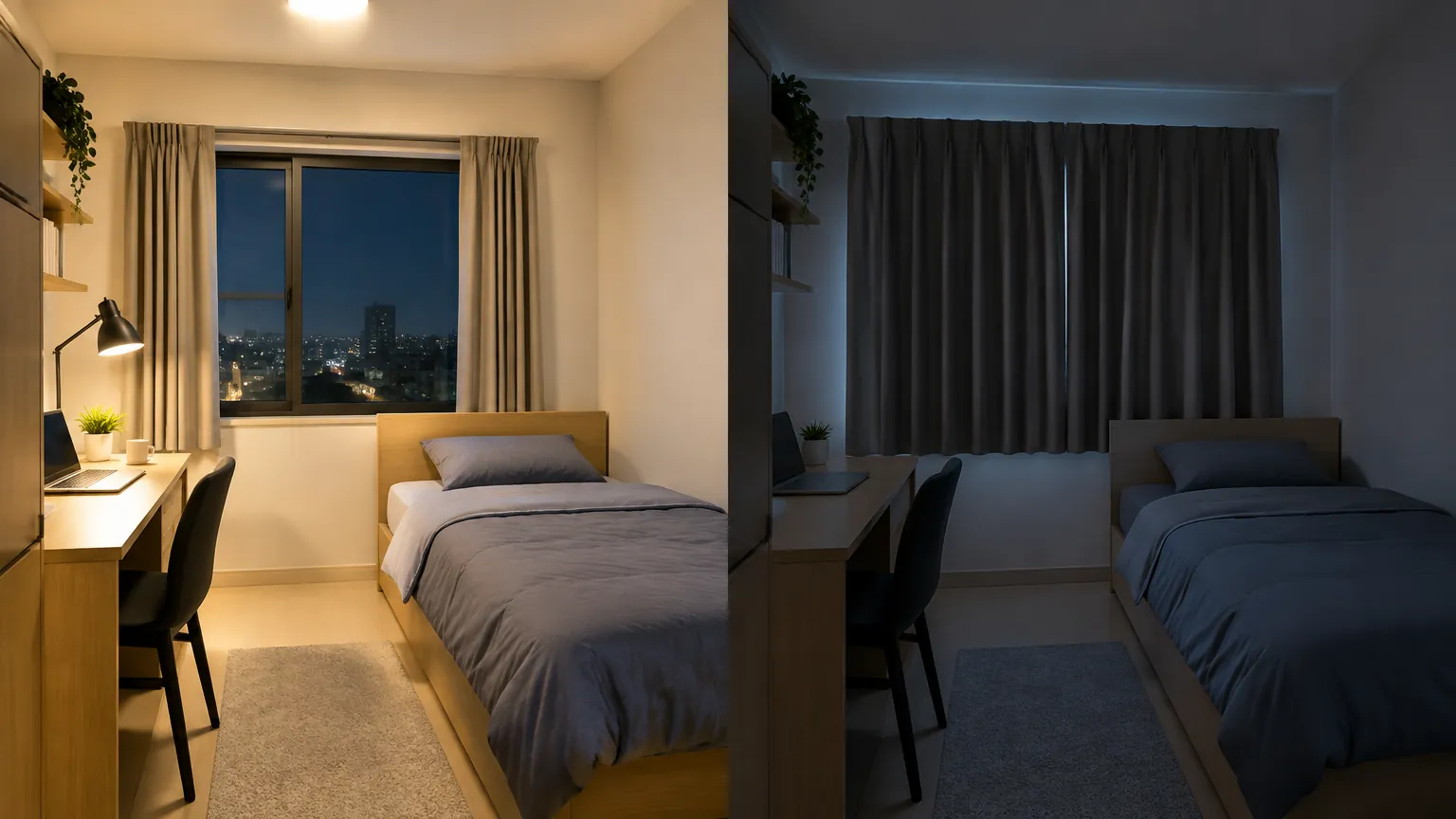 Dua tampilan kamar tidur pada cahaya terang dan malam