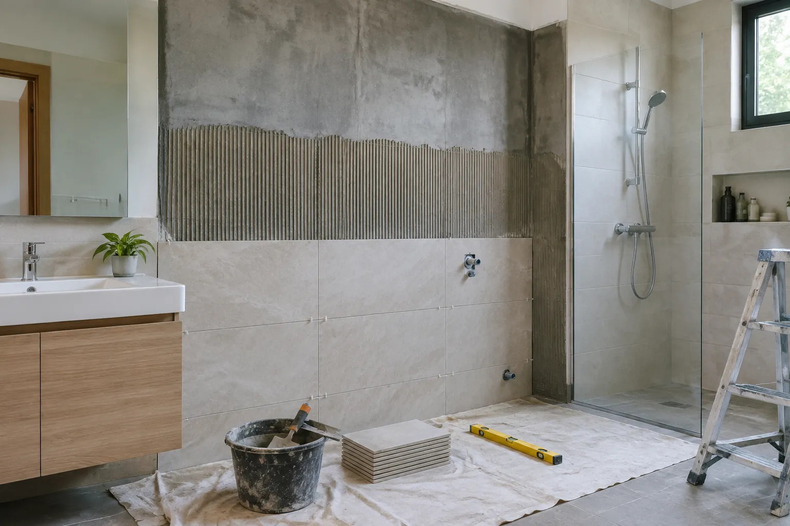 Dinding kamar mandi sedang disiapkan untuk pelapis baru di dekat pancuran