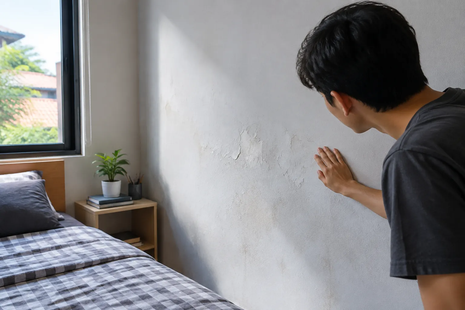 Seseorang memeriksa permukaan dinding kamar
