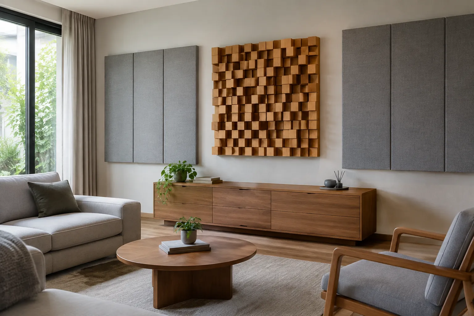 Panel peredam dan diffuser kayu terpasang pada dinding ruang duduk